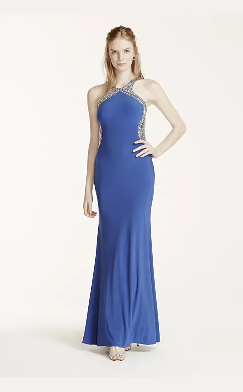 Beaded High Neck Fitted Open Back Prom Dress Image 1