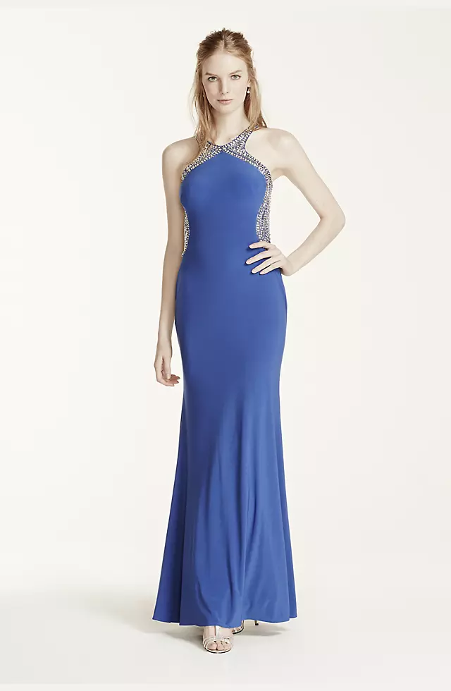 Beaded High Neck Fitted Open Back Prom Dress Image