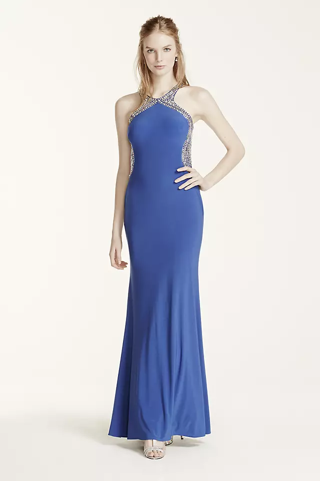 Beaded High Neck Fitted Open Back Prom Dress Image