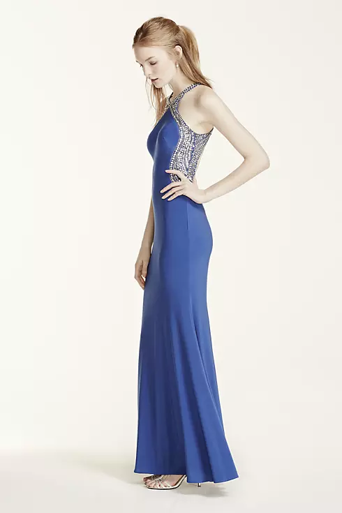 Beaded High Neck Fitted Open Back Prom Dress Image 3