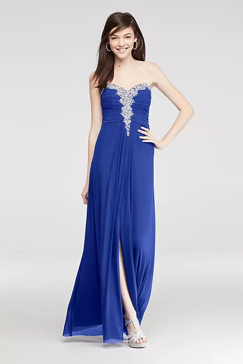 Crystal Beaded Neckline Long Mesh Prom Dress Image 1
