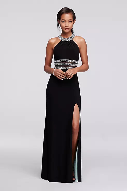 Beaded High Neck Prom Dress with Illusion Cutouts Image 1