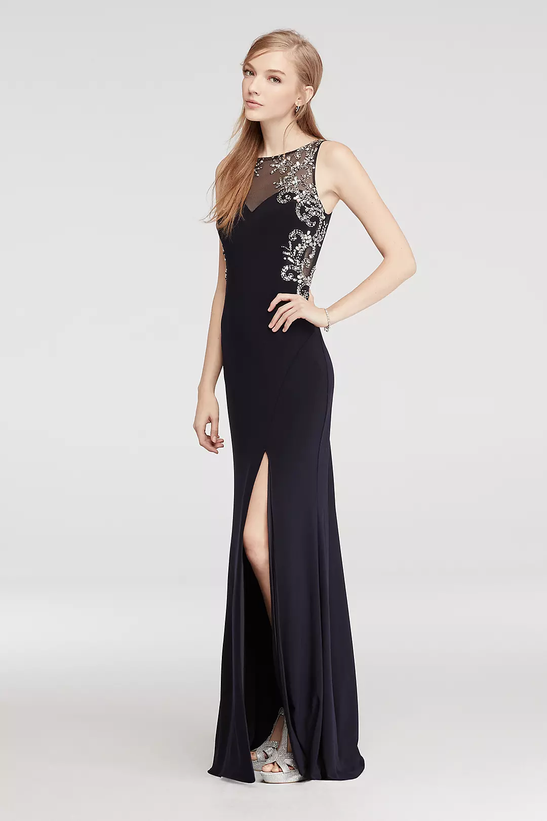 Long Jersey Prom Dress with Illusion Neck and Back Image