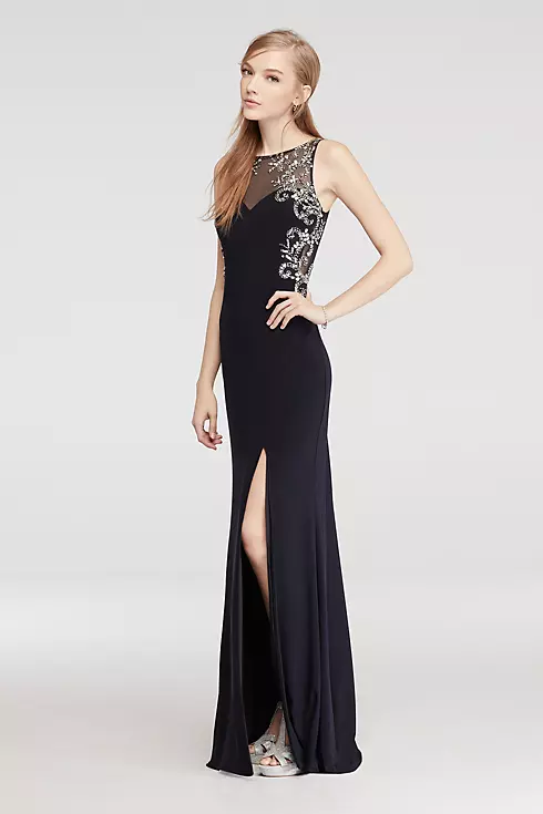 Long Jersey Prom Dress with Illusion Neck and Back Image 1