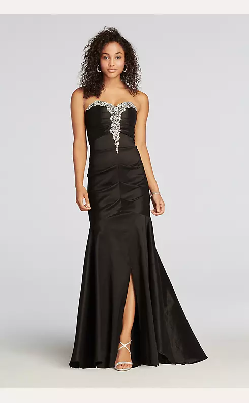 Strapless Ruched Taffeta Beaded Prom Dress Image 1