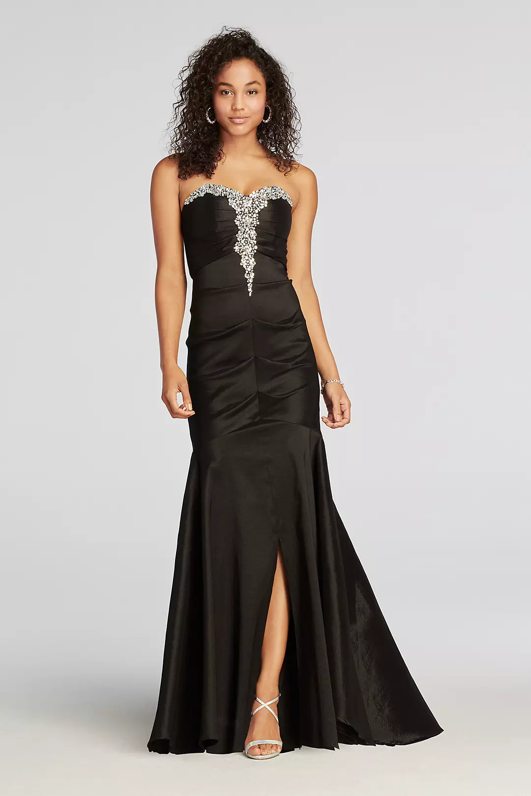 Strapless Ruched Taffeta Beaded Prom Dress Image