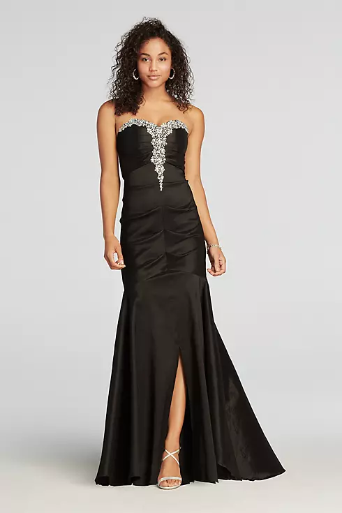 Strapless Ruched Taffeta Beaded Prom Dress Image 1