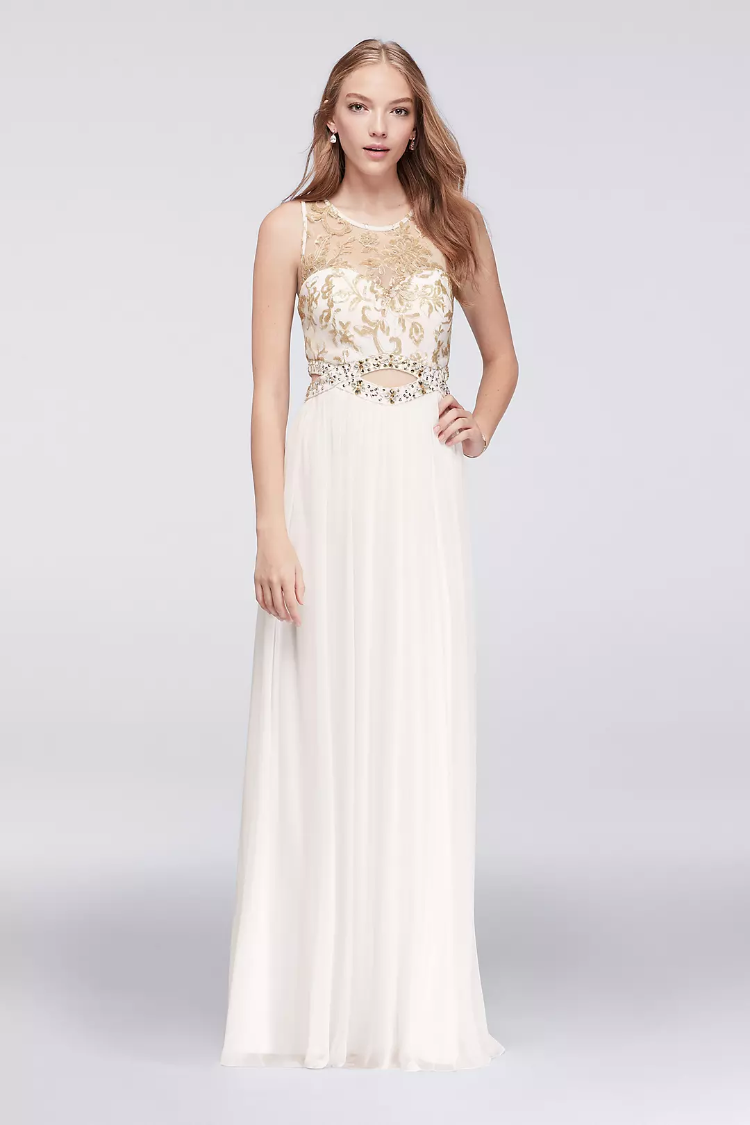 Illusion Tank Prom Dress with Gold Beaded Cutout Image