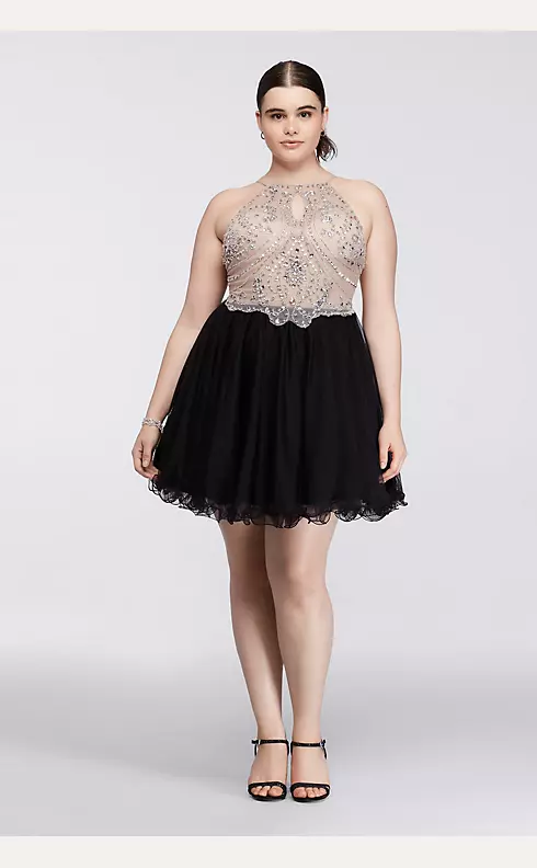 Short Halter Homecoming Dress with Beaded Bodice Image 1