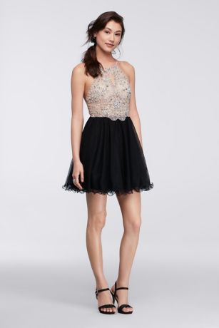 Short Halter Homecoming Dress with Beaded Bodice David s Bridal