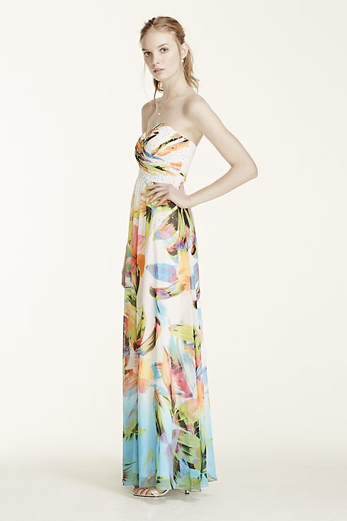 Strapless Printed Dress with Rhinestone Bodice Image 3