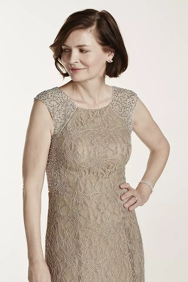 Long Metallic Lace Dress with Beaded Back Image 5