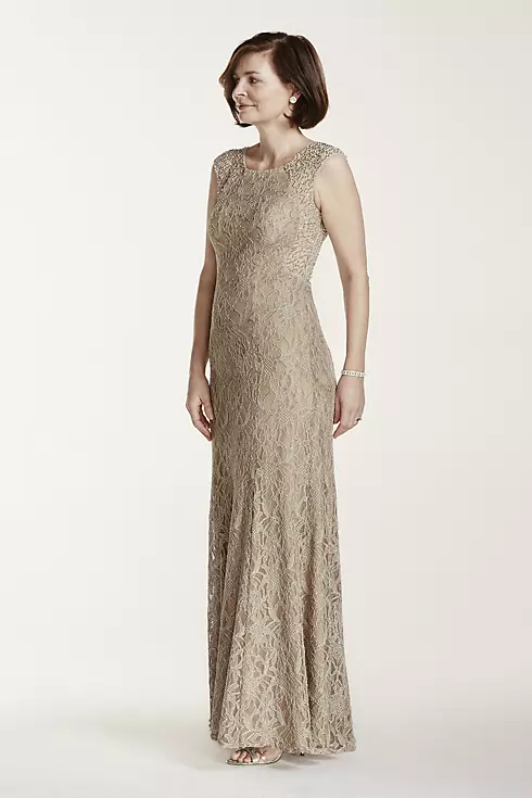 Long Metallic Lace Dress with Beaded Back Image 3