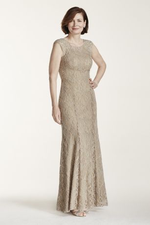 Long Metallic Lace Dress with Beaded Back David s Bridal