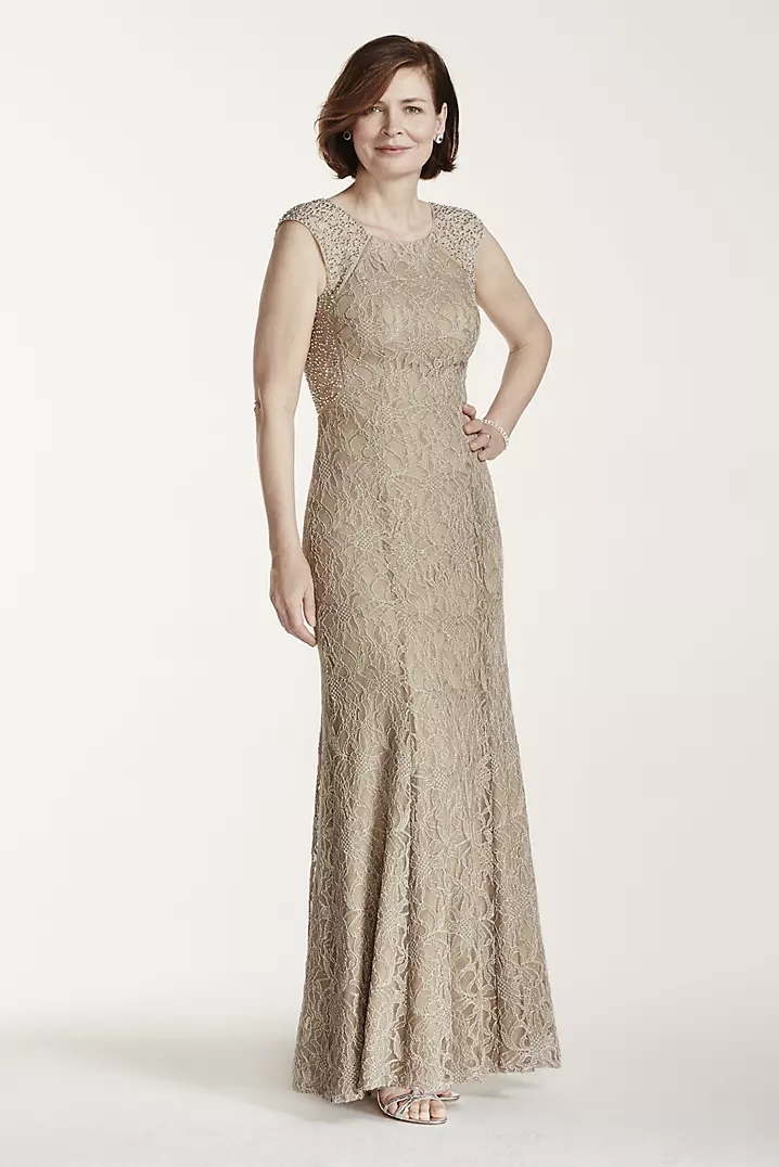 Long Metallic Lace Dress with Beaded Back | David's Bridal Long Metallic Lace Dress with Beaded Back | David's Bridal
