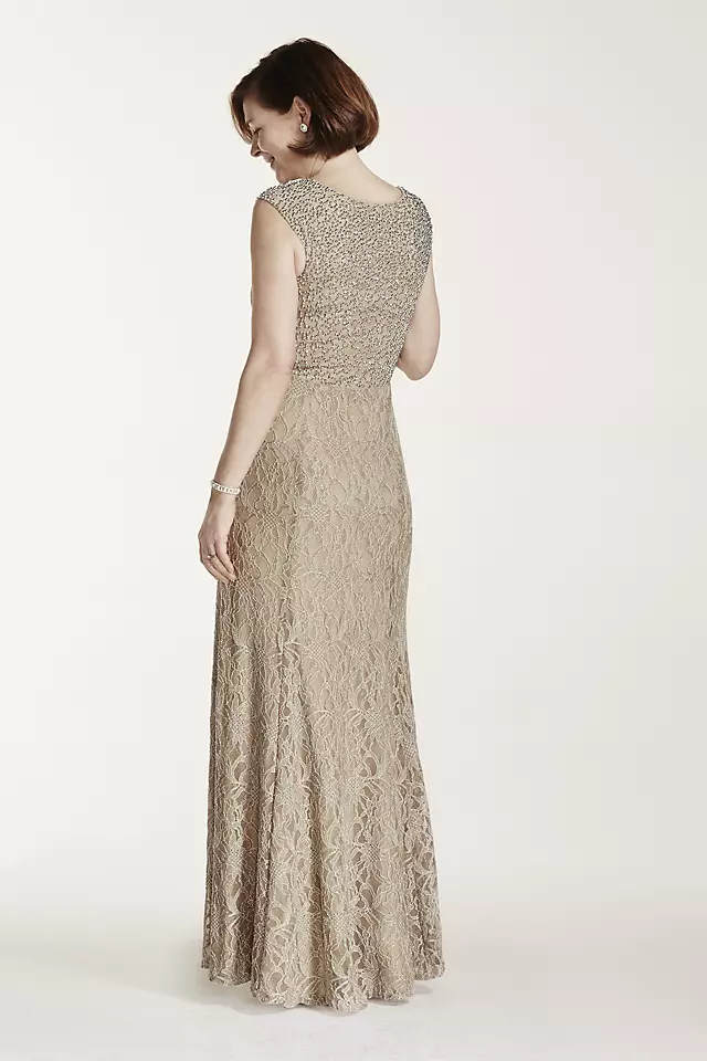 Long Metallic Lace Dress with Beaded Back Image 2
