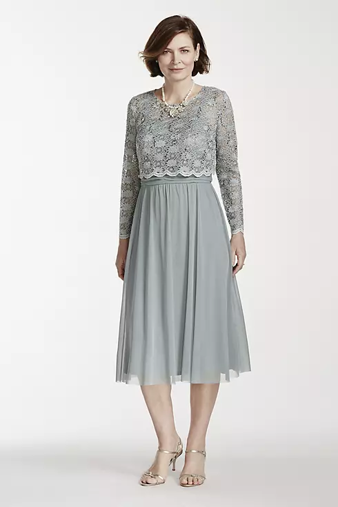 Tea Length Mesh Dress with 3/4 Lace Popover Image 1