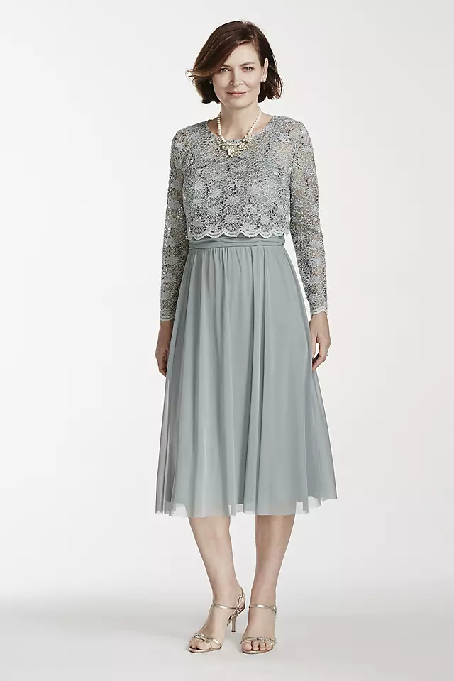 Tea Length Mesh Dress with 3/4 Lace Popover Image
