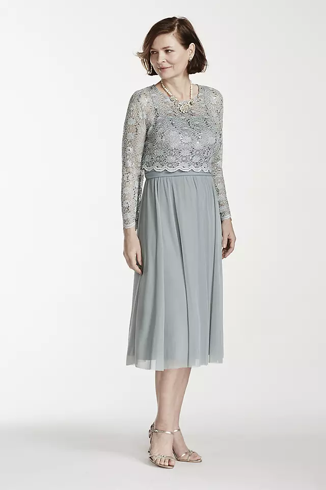 Tea Length Mesh Dress with 3/4 Lace Popover Image 3