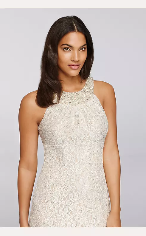 Lace Dress with Pearl Neck and Godet Mesh Inset Image 3