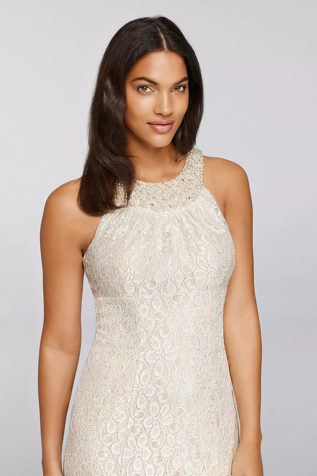Lace Dress with Pearl Neck and Godet Mesh Inset Image 3