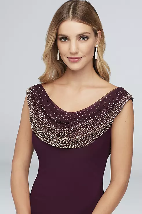 Beaded Cowl Neck Long Mother of the Bride Dress Image 3