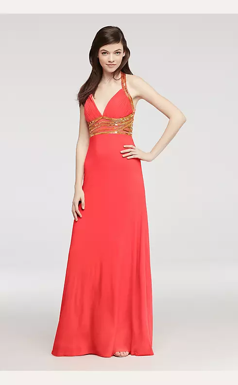 Beaded Halter Jersey Prom Dress with Open Back  Image 1