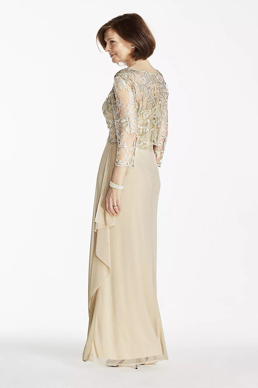 Long Mesh Dress with 3/4 Sleeve Lace Pop Over Image 2