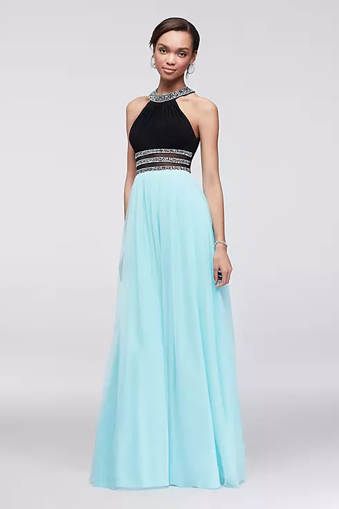 Two-Tone Halter Dress with Beaded Waist Image 1