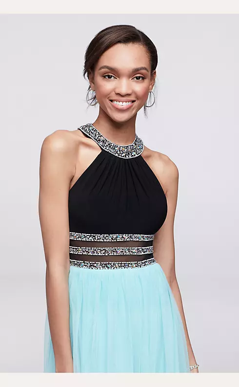 Two-Tone Halter Dress with Beaded Waist