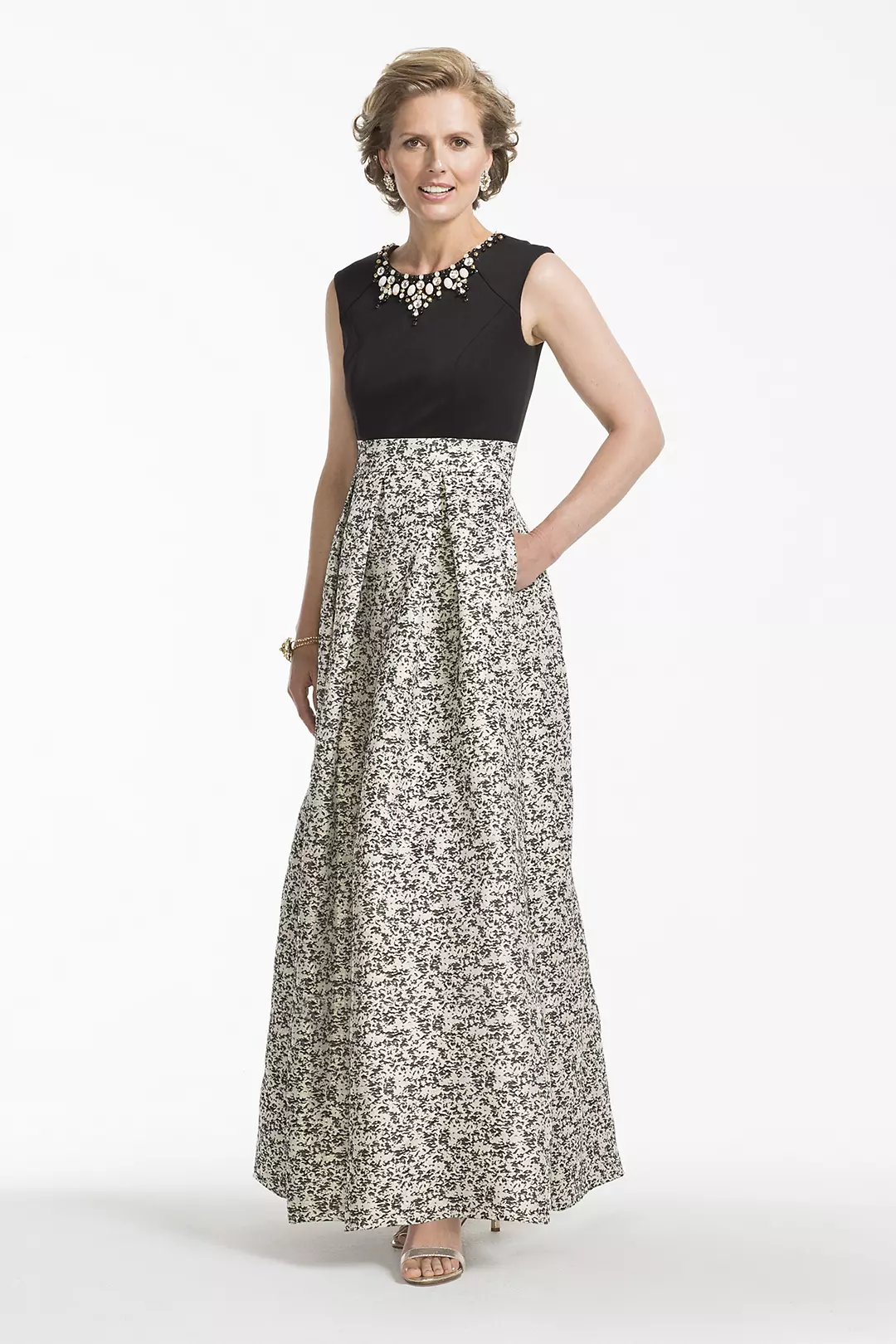 Long Cap Sleeve Brocade Ball Gown with Pockets Image