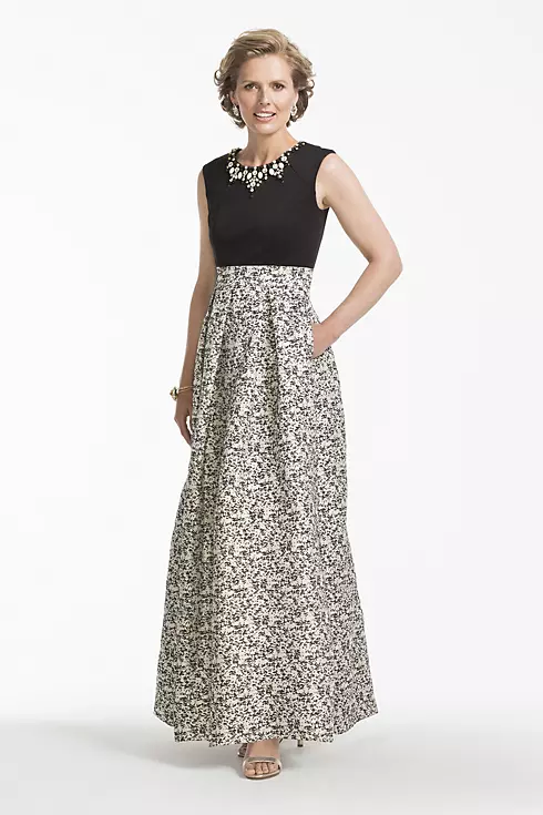 Long Cap Sleeve Brocade Ball Gown with Pockets Image 1