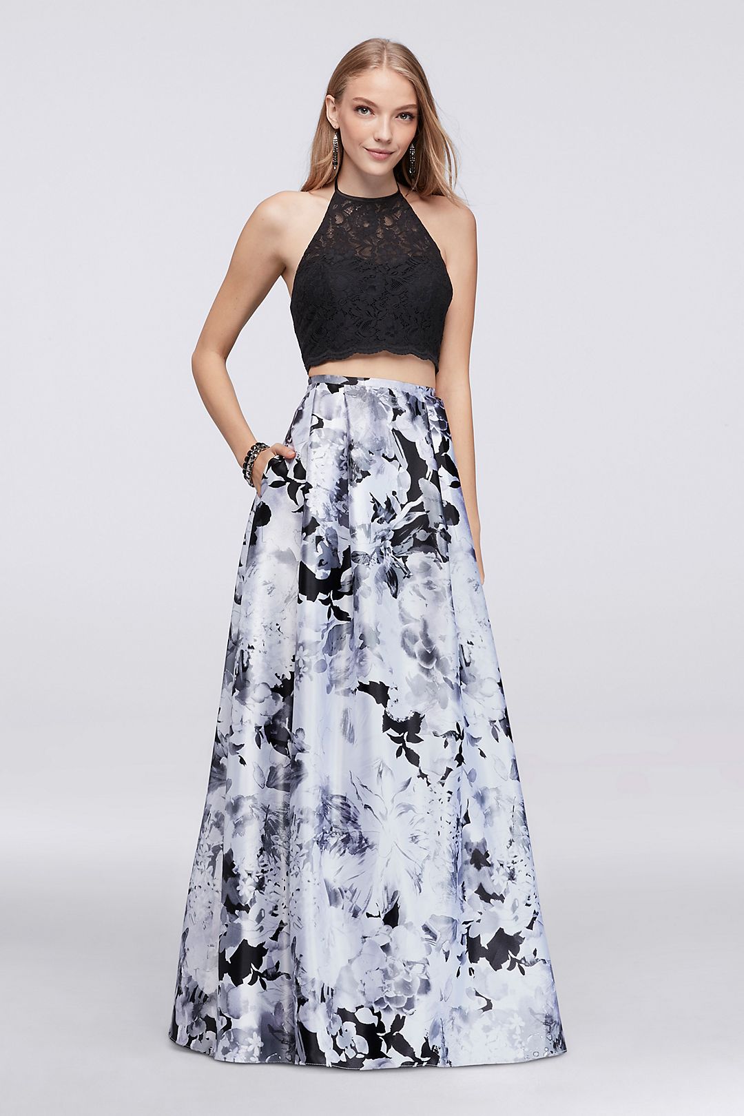Scalloped Lace Top and Printed Charmeuse Skirt Set Image 4