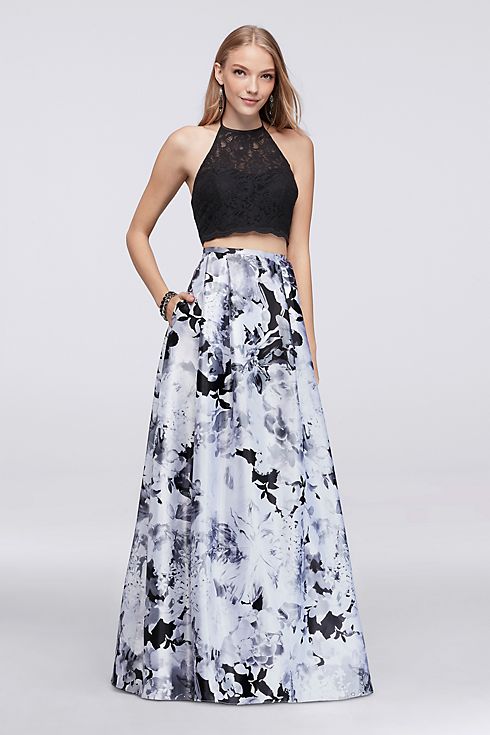Scalloped Lace Top and Printed Charmeuse Skirt Set Image