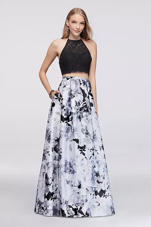 Scalloped Lace Top and Printed Charmeuse Skirt Set Image 1