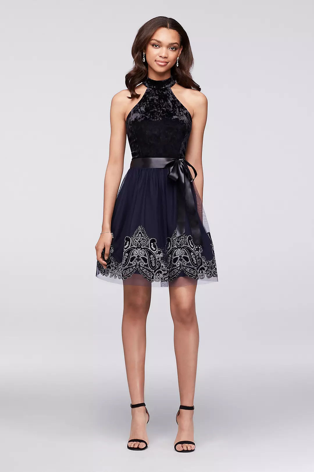 Velvet and Glitter-Print Tulle High-Neck Dress  Image