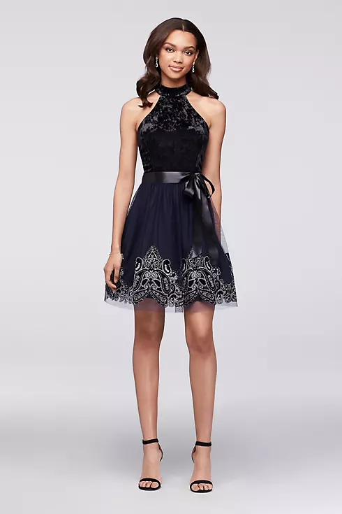 Velvet and Glitter-Print Tulle High-Neck Dress  Image 1