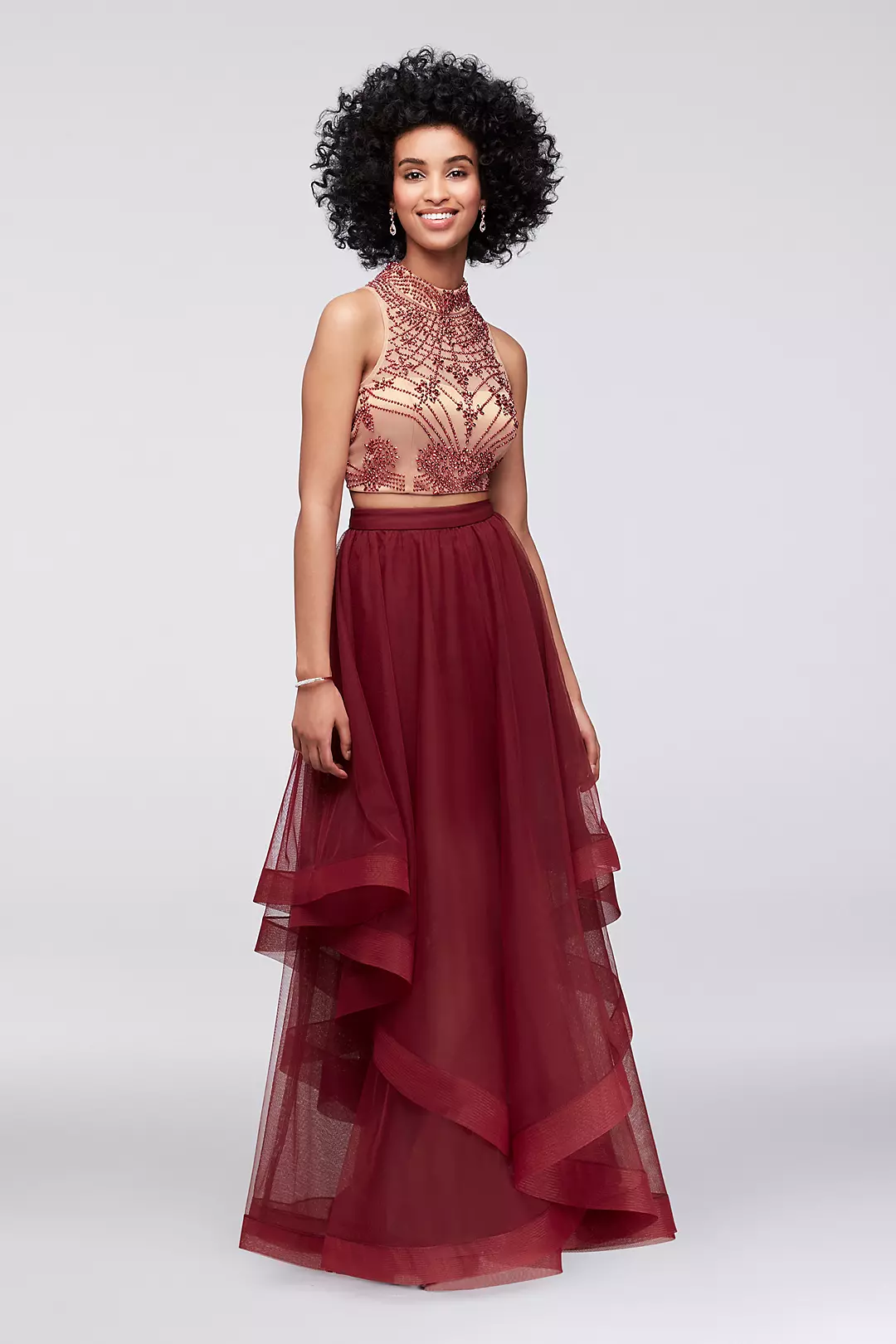 High-Neck Beaded Two-Piece Dress with Tulle Skirt Image