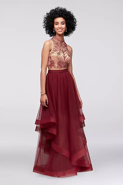 High-Neck Beaded Two-Piece Dress with Tulle Skirt Image 1