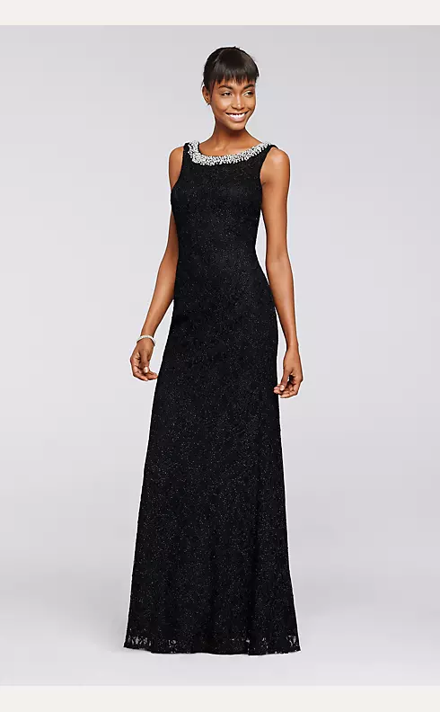 Long Glitter Lace Dress with Beaded Neckline Image 1