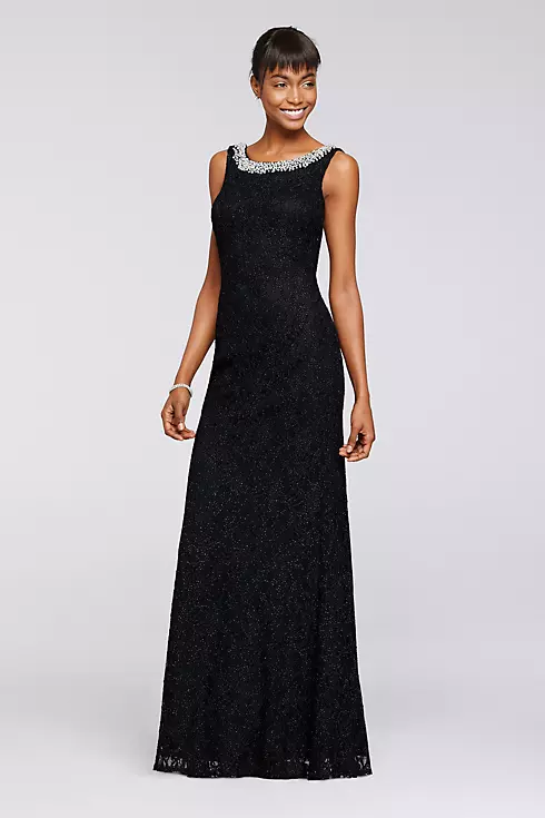 Long Glitter Lace Dress with Beaded Neckline Image 1