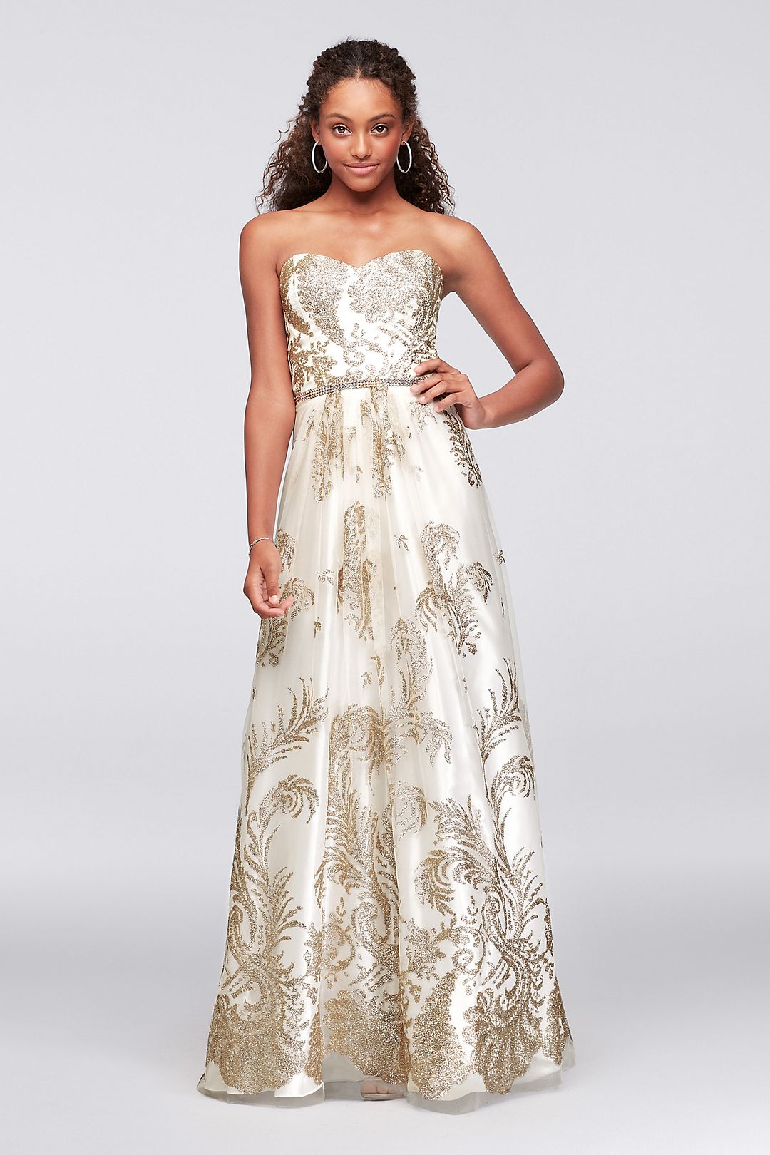 Strapless Glitter Brocade Gown with Crystal Belt Image