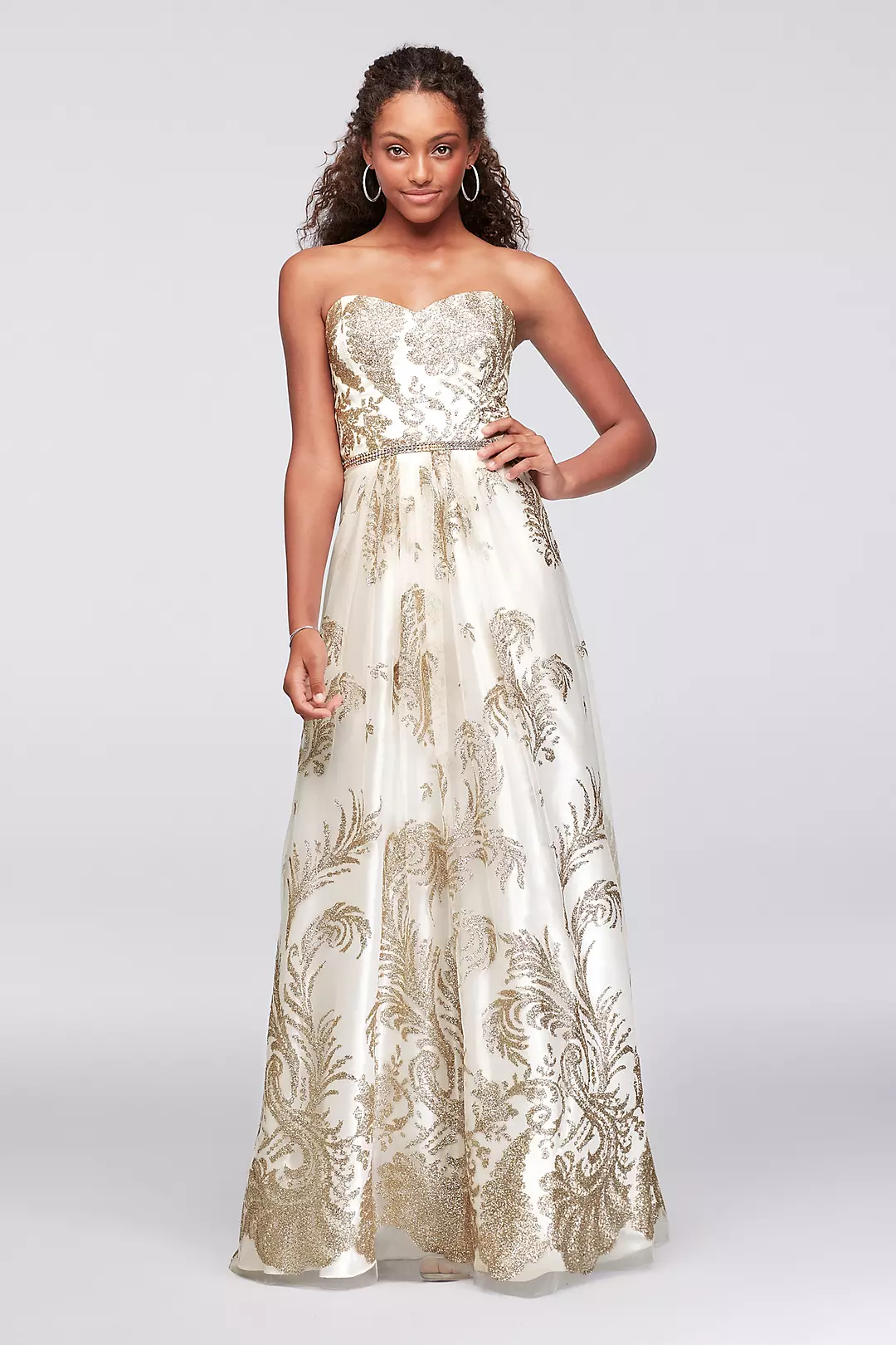 Strapless Glitter Brocade Gown with Crystal Belt | David's Strapless Glitter Brocade Gown with Crystal Belt | David's