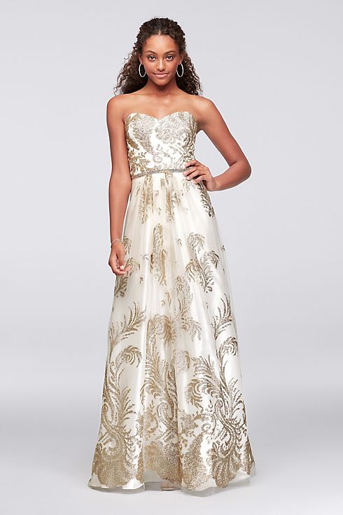 Strapless Glitter Brocade Gown with Crystal Belt Image 1