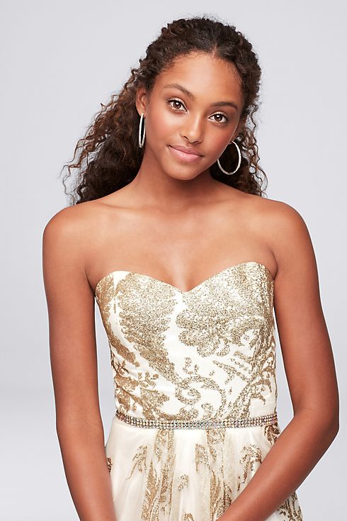 Strapless Glitter Brocade Gown with Crystal Belt Image 3