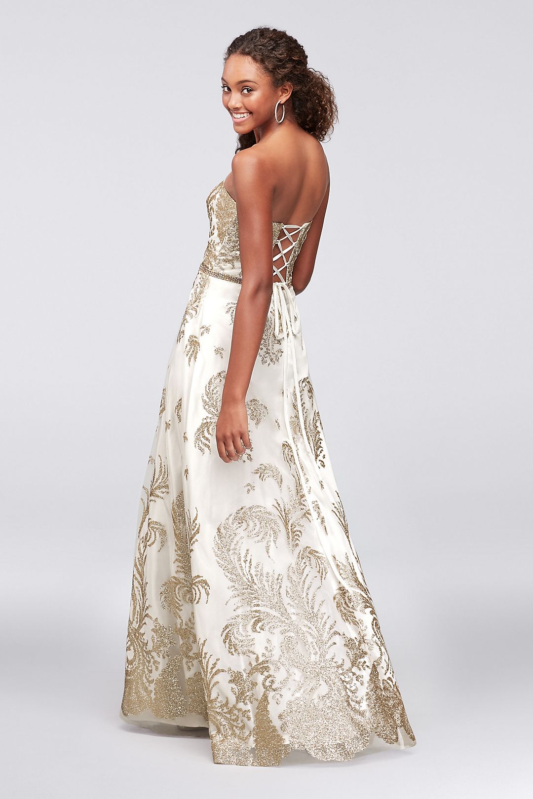 Strapless Glitter Brocade Gown with Crystal Belt Image 2