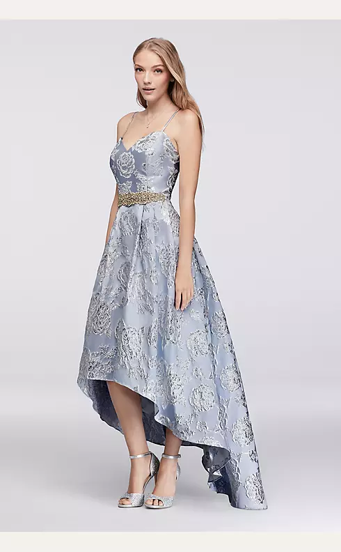 High-Low Brocade Ball Gown with Beaded Waist Image 1