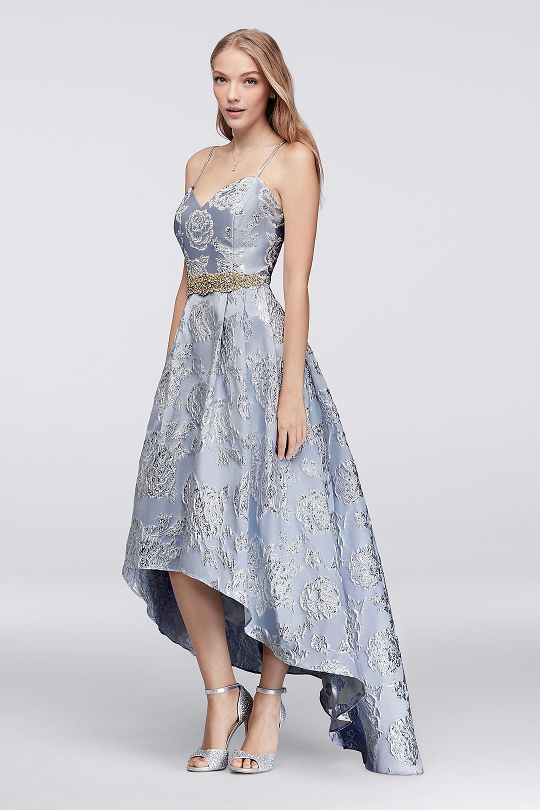 High-Low Brocade Ball Gown with Beaded Waist Image 1