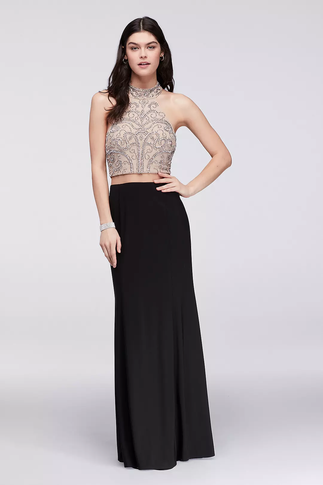 Caviar-Beaded Mesh and Jersey Faux Two-Piece Dress Image