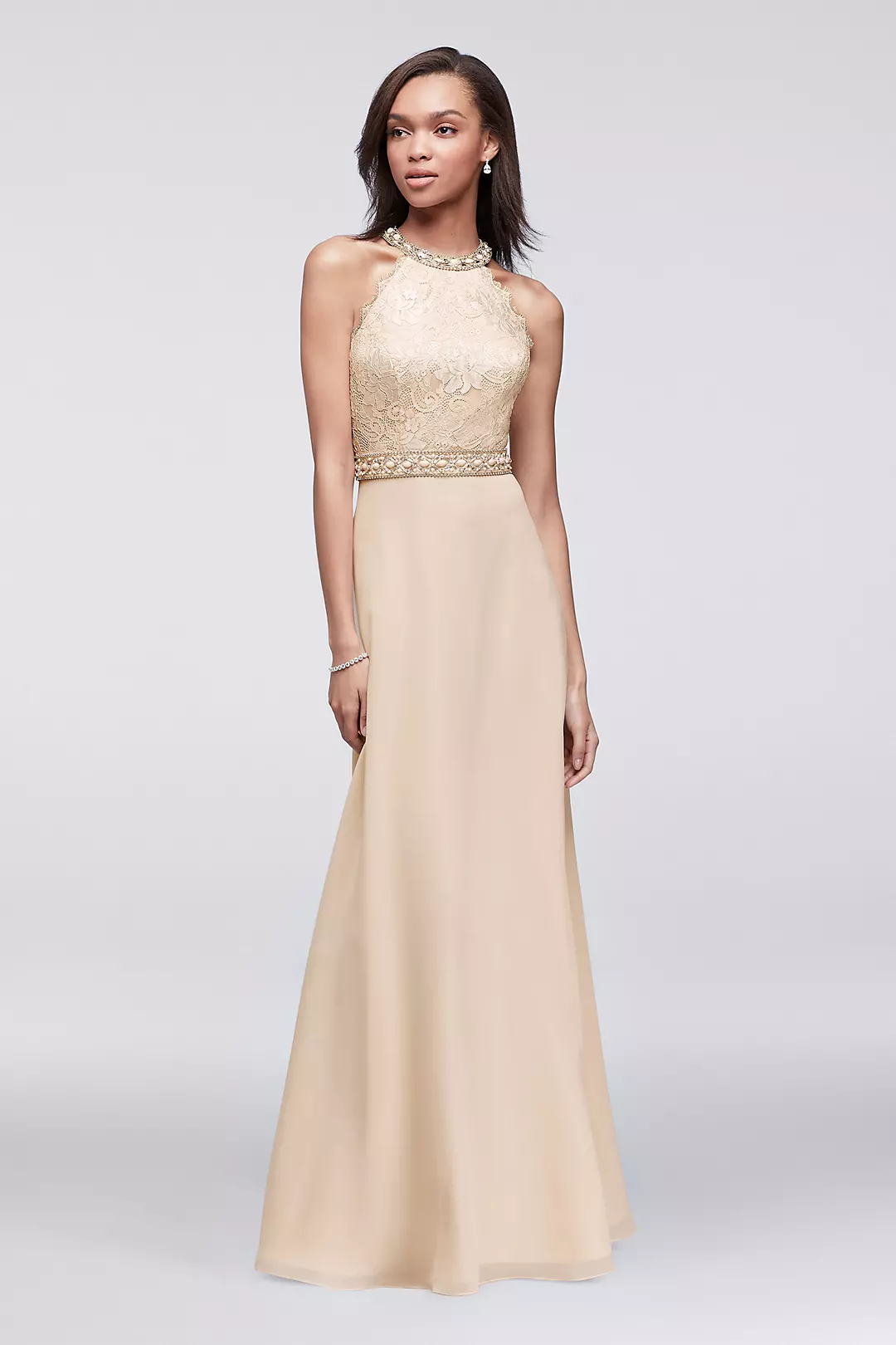 Lace and Chiffon Gown with Beaded High-Neck Bodice Image